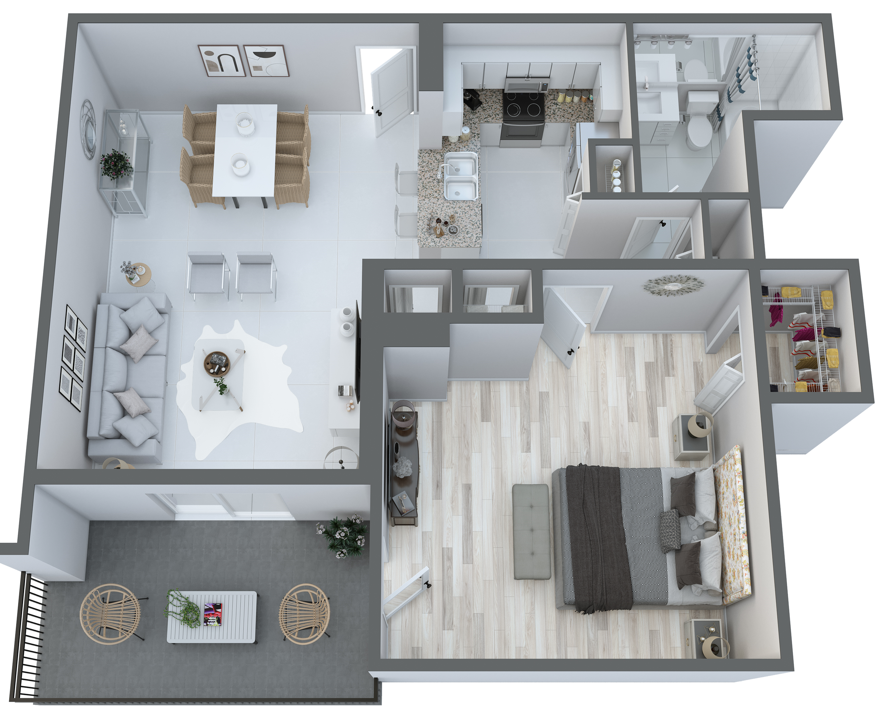 Floor plan for 1 bed, 1 bath, 844 sqft